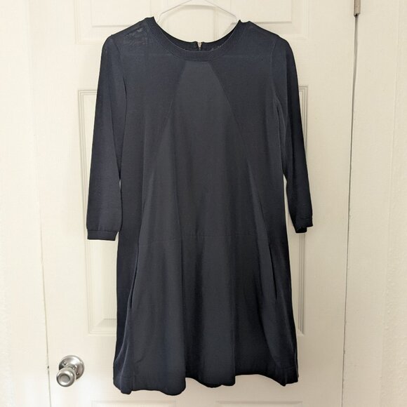 COS Womens Triangle Panel Mini Dress Small Pockets Mixed Knit Tunic Navy A-Line - Picture 1 of 9